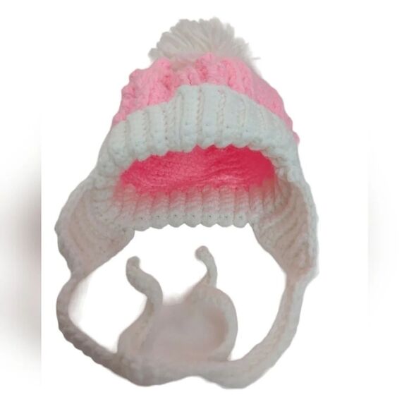 Handmade Pink and white Baby Winter Hat Pom Pom Crochet Ear flaps with ties - Picture 9 of 13